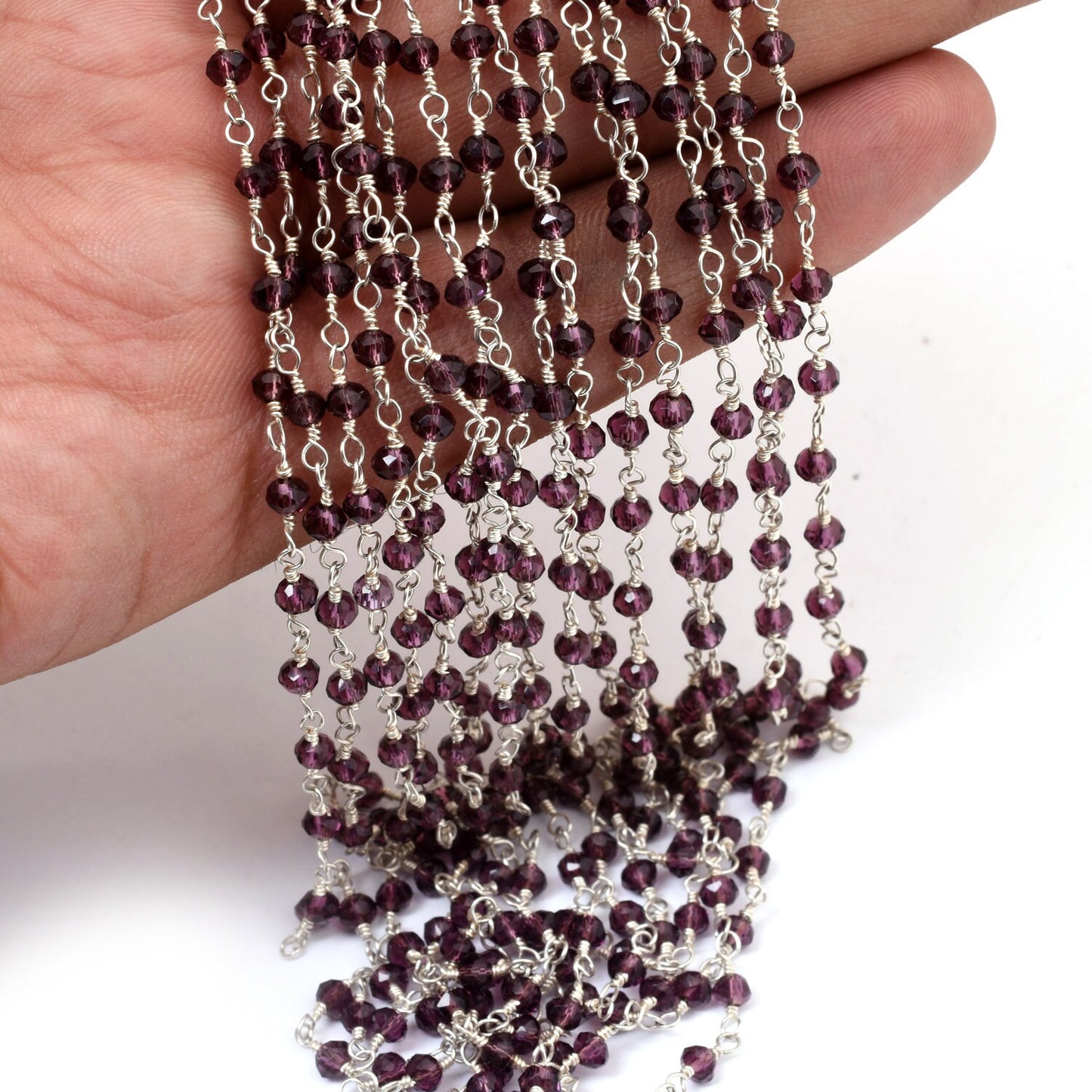 1,3,5,10 Feet Roll Bulk,Silver Plated, Faceted Rondelle Garnet Hydro Beads Rosary Chain Beaded Jewelry Making Finding Wire Wrapped Chain 3mm