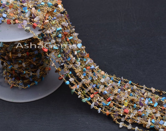 1,3,5,10 Feet Chain Natural Gemstone Multi Color Beads Rosary Chain Gold Plating Wire Disco Uncut Chip Beaded Rosary Chains Finding Jewelry