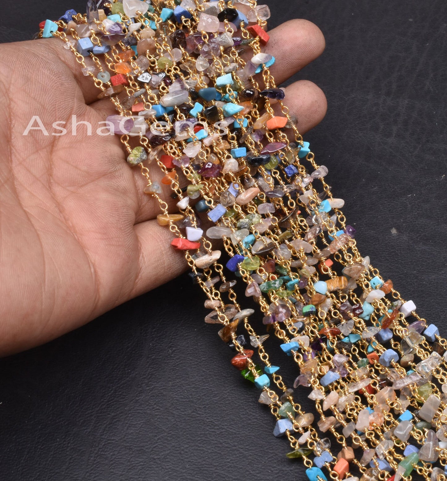 1,3,5,10 Feet Chain Natural Gemstone Multi Color Beads Rosary Chain Gold Plating Wire Disco Uncut Chip Beaded Rosary Chains Finding Jewelry