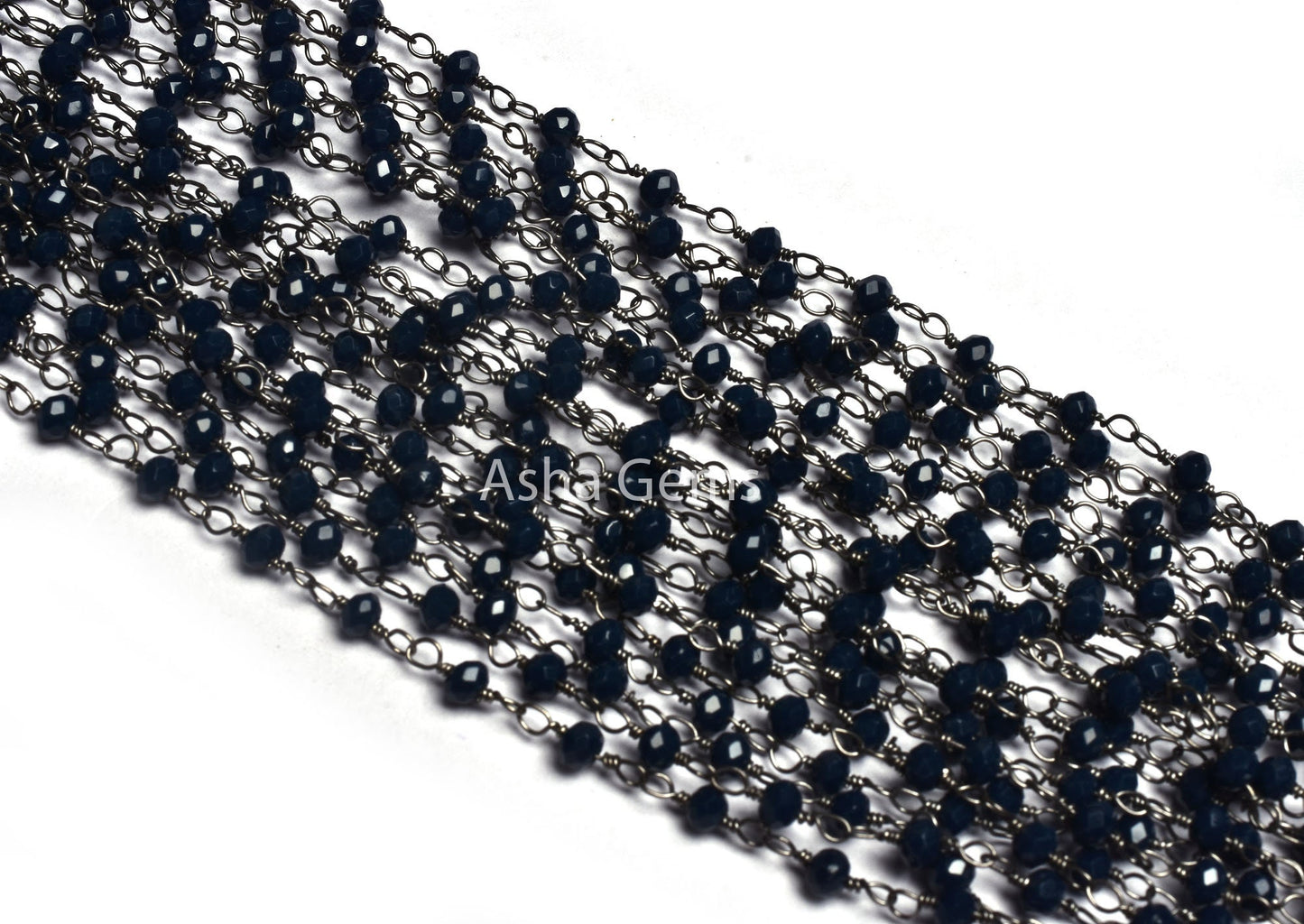 1,3,5,10 Ft Blue Sapphire Hydro Faceted Rondelle Beaded Rosary Chain,Silver,Black Plated Wire,Jewelry Making Chain 3-3.5mm,Bulk Crafts Chain