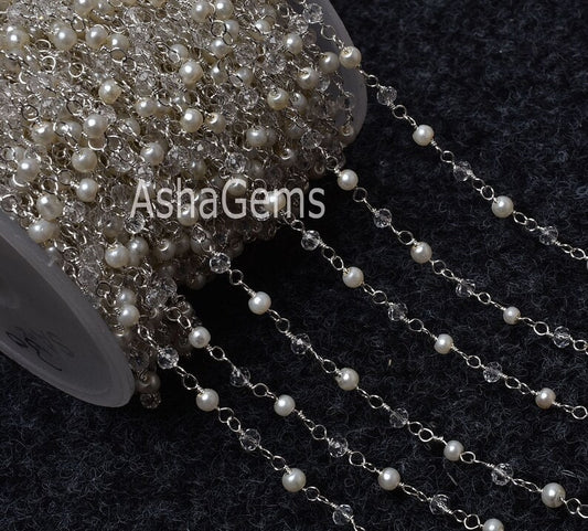 1,10,50Ft, Pearl,Clear Crystal Quartz Hydro Faceted Rondelle Beads Rosary Chain,Silver Plated Wire,Beaded Chain,Finding,Jewelry Making,Craft