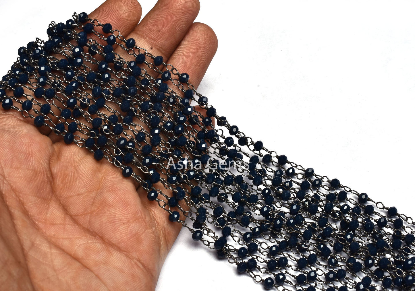 1,3,5,10 Ft Blue Sapphire Hydro Faceted Rondelle Beaded Rosary Chain,Silver,Black Plated Wire,Jewelry Making Chain 3-3.5mm,Bulk Crafts Chain