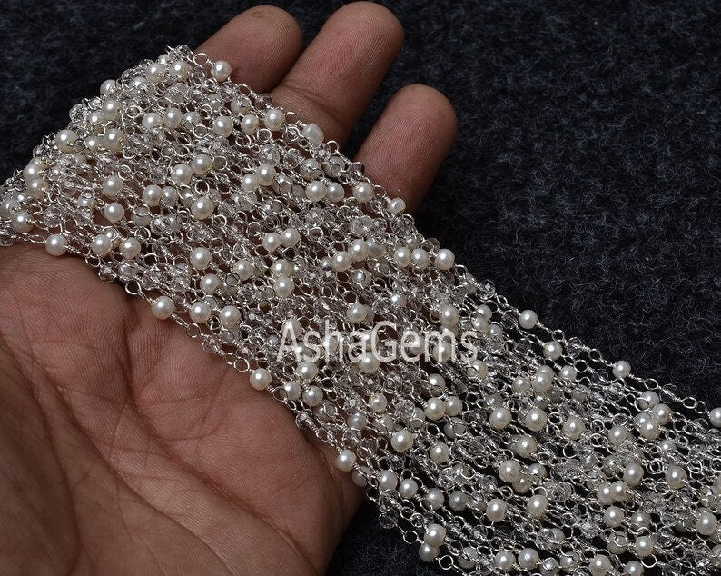 1,10,50Ft, Pearl,Clear Crystal Quartz Hydro Faceted Rondelle Beads Rosary Chain,Silver Plated Wire,Beaded Chain,Finding,Jewelry Making,Craft