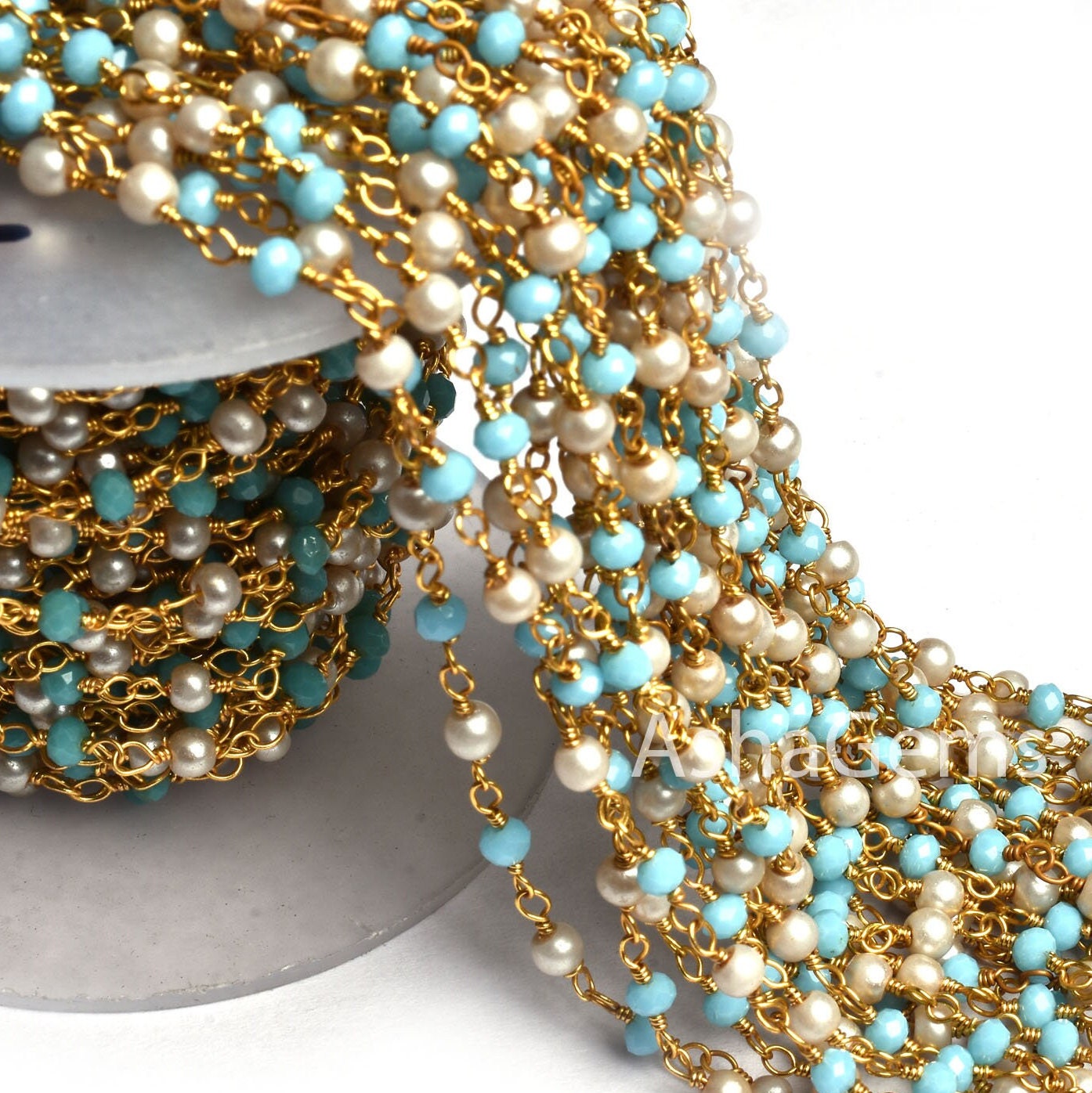 1,10,50 Foot Bulk Roll Rosary Chain Pearl Blue Turquoise Hydro Faceted Rondelle Beads Chain Gold Plated wire Multi Color Beaded Chain Rosary