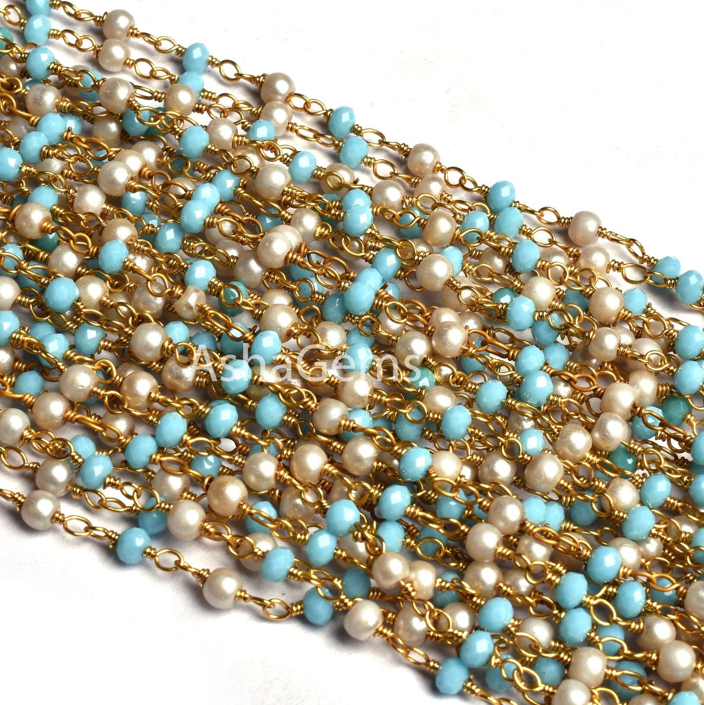 1,10,50 Foot Bulk Roll Rosary Chain Pearl Blue Turquoise Hydro Faceted Rondelle Beads Chain Gold Plated wire Multi Color Beaded Chain Rosary