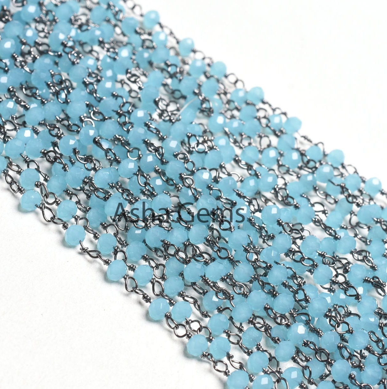 1,10,50 Feet Chain Blue Milky Aqua Chalcedony Hydro Micro Cut Rondelle Beads Rosary Chain Black Plated Wire Wrap Gunmetal Beaded Chains SALE