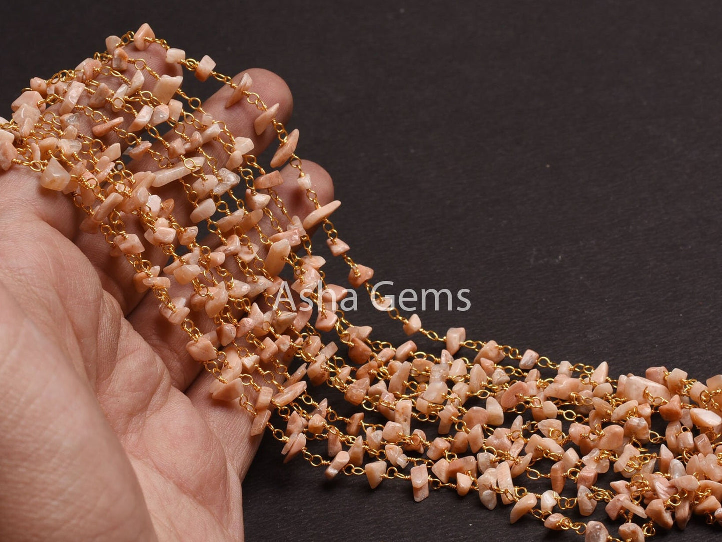 1,10,25 Foot Peach Moonstone Uncut Chip Beads Rosary Chain, Gold Plated Wire Natural Moonstone Raw Rough Gemstone Beads Chain Jewelry making