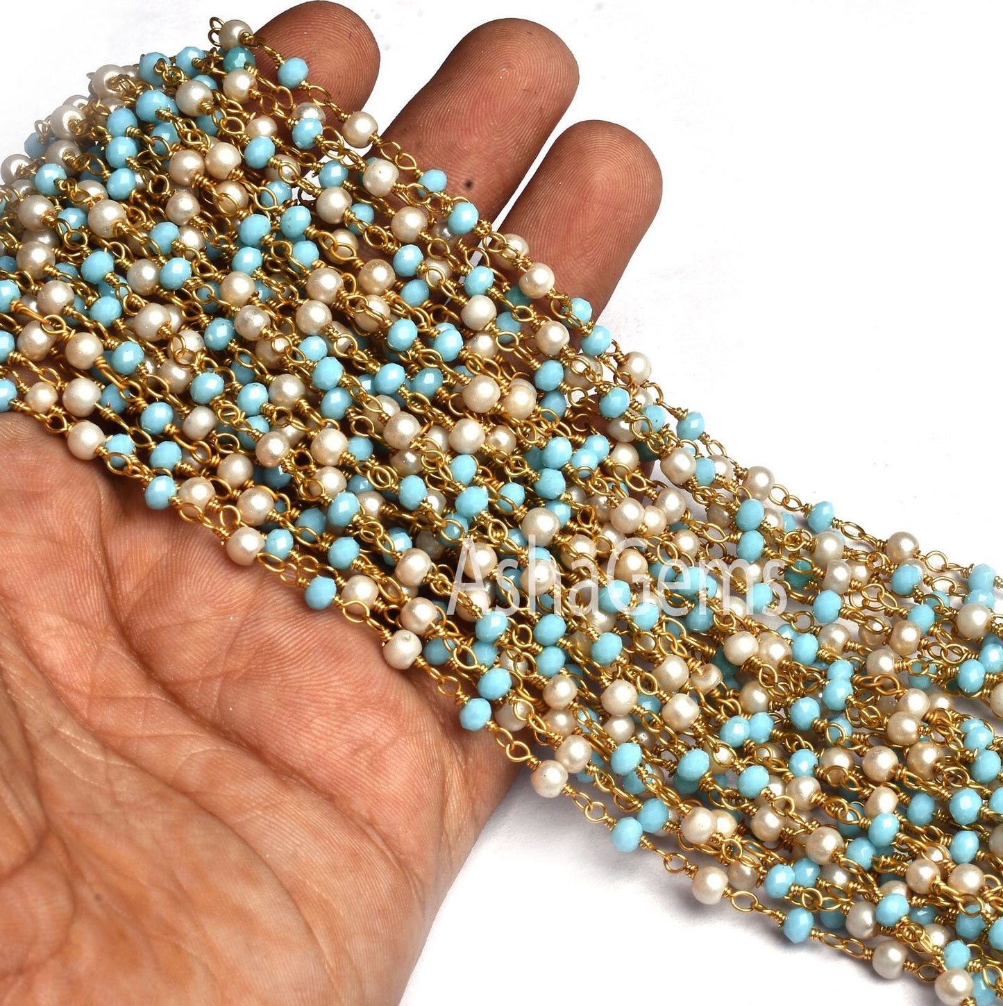 1,10,50 Foot Bulk Roll Rosary Chain Pearl Blue Turquoise Hydro Faceted Rondelle Beads Chain Gold Plated wire Multi Color Beaded Chain Rosary