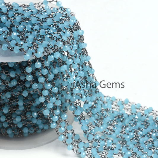 1,10,50 Feet Chain Blue Milky Aqua Chalcedony Hydro Micro Cut Rondelle Beads Rosary Chain Black Plated Wire Wrap Gunmetal Beaded Chains SALE