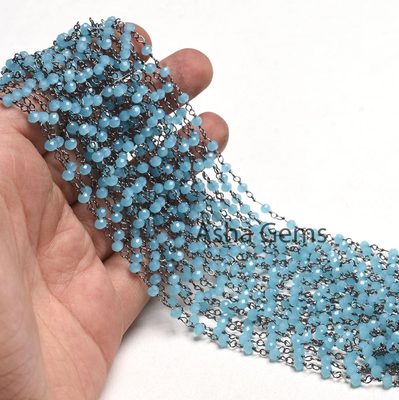 1,10,50 Feet Chain Blue Milky Aqua Chalcedony Hydro Micro Cut Rondelle Beads Rosary Chain Black Plated Wire Wrap Gunmetal Beaded Chains SALE