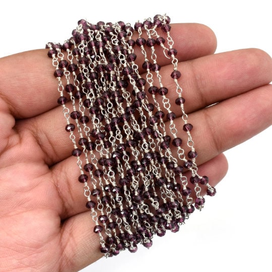 1,3,5,10 Feet Roll Bulk,Silver Plated, Faceted Rondelle Garnet Hydro Beads Rosary Chain Beaded Jewelry Making Finding Wire Wrapped Chain 3mm